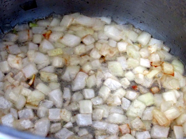 Add oil to soup pot and saute onion until translucent. Salt well.